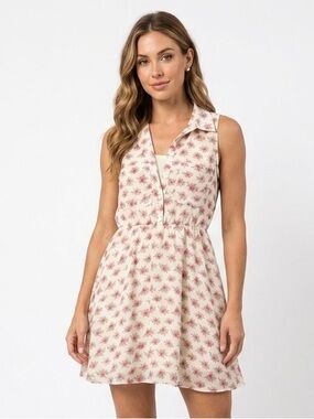 freebird Sleeveless Collared Mini Dress in Cream and Pink Floral - M